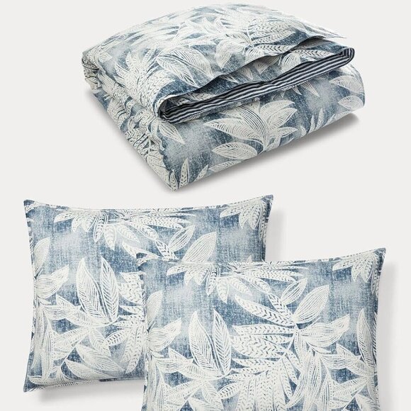 New Ralph Lauren Evan Palm King 3p Duvet Cover Set Blue Floral Reversible Stripe - Picture 1 of 4